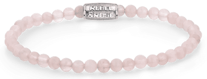Rosenkvartsarmband med lås i rostfritt stål och pärlor, rosa, med Rebel&Rose-emblem