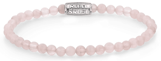 Rosenkvartsarmband med lås i rostfritt stål och pärlor, rosa, med Rebel&Rose-emblem