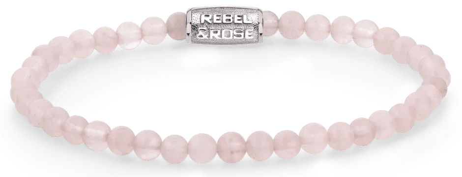 Rosenkvartsarmband med rosa pärlor och lås i rostfritt stål, Rebel&Rose-logotyp