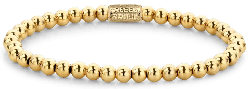 Guldpläterat armband av pärlor i rostfritt stål, runda kulor, med Rebel&Rose-logotyp