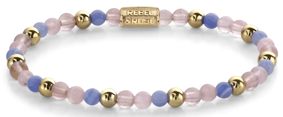 Armband med lila, rosa och blå ädelstenspärlor samt guldfärgad kuldesign