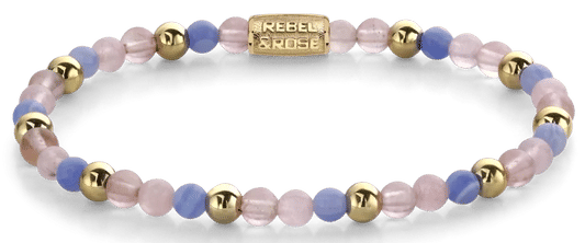 Armband med lila, rosa och blå ädelstenspärlor samt guldfärgad kuldesign