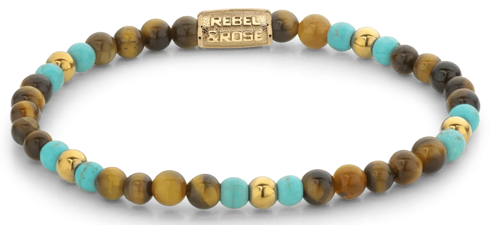 Armband med färgglada ädelstenspärlor och lås i rostfritt stål, turkos-gul-brun