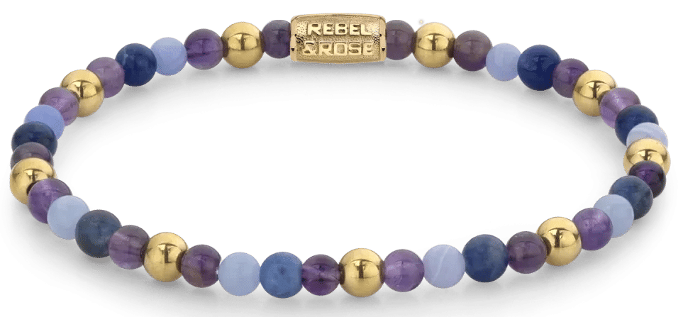 Armband med ädelstenar med lila och blå pärlor samt guldfärgade kulformade element