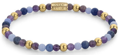 Armband med ädelstenar med lila och blå pärlor samt guldfärgade kulformade element