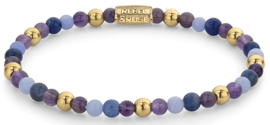 Armband med ädelstenar med lila och blå pärlor samt guldfärgade kulformade element