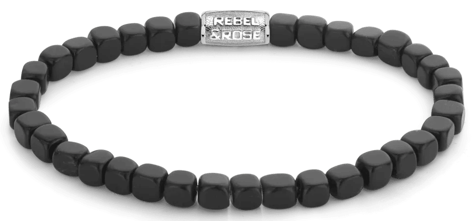 Armband med mörka kubformade blackstone-pärlor och silverfärgat spänne i rostfritt stål