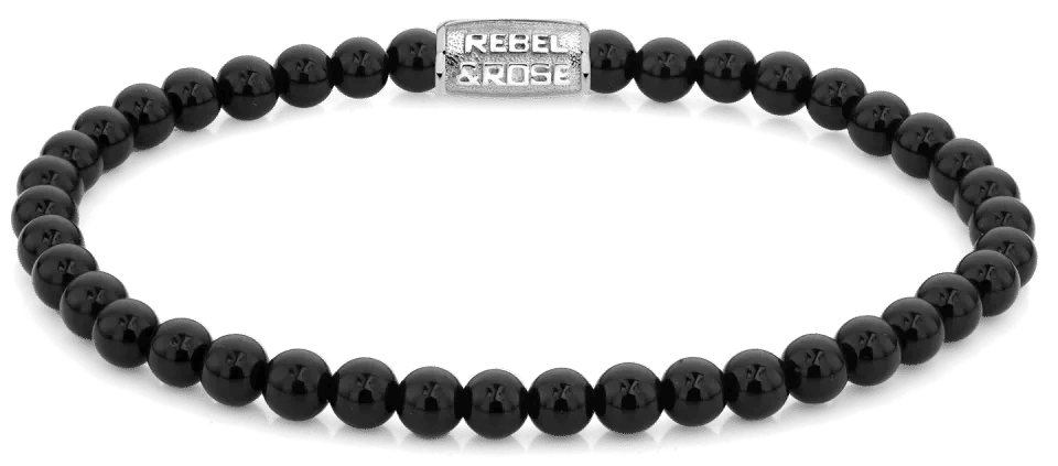Armband av svarta onyxpärlor med rostfritt stållås, Rebel&Rose-logotyp