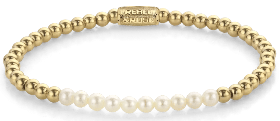 Armband med sötvattenspärlor, guldfärgade stenar och lås i rostfritt stål (Rebel&Rose)