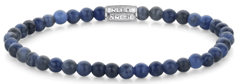 Armband av runda sodalitpärlor (4 mm) med lås i rostfritt stål, blåmönstrat