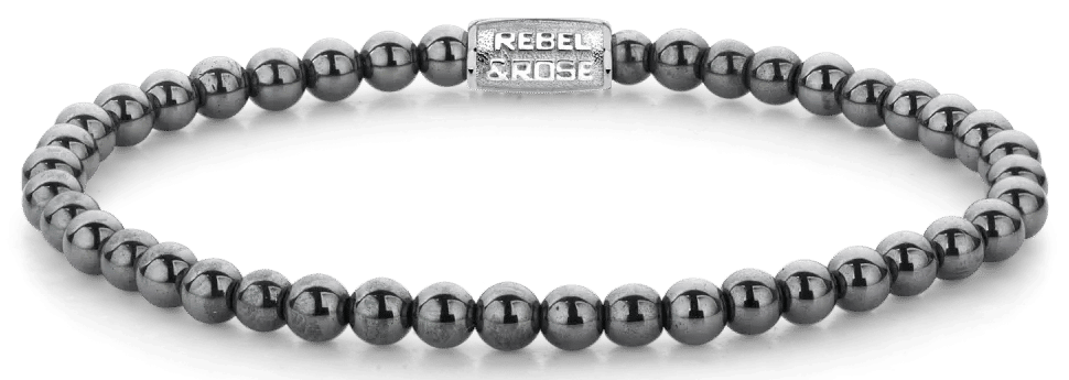 Armband med hematitkulor (4 mm) och lås i rostfritt stål, Rebel&Rose-berlock