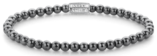 Armband med runda hematitpärlor (4 mm) och länkar i rostfritt stål, Rebel&Rose berlock
