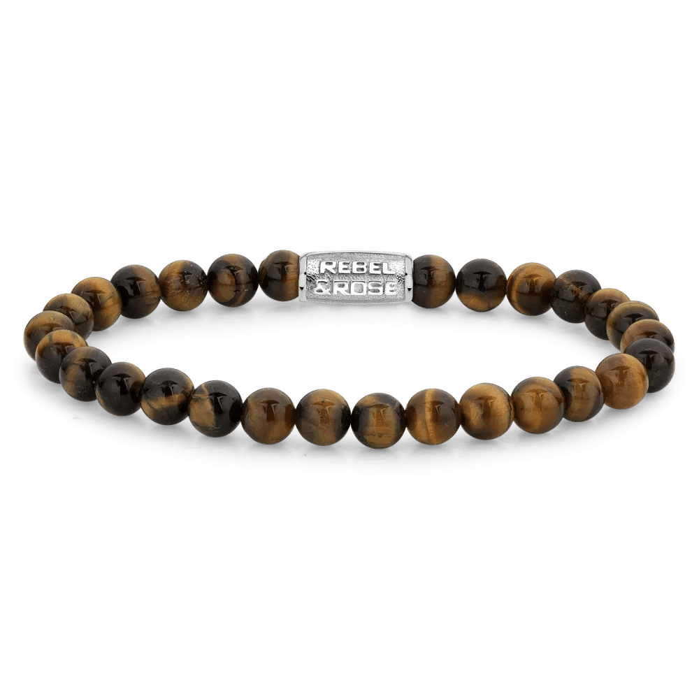 Armband med tigeröga-pärlor, lås i rostfritt stål och Rebel & Rose-logotyp