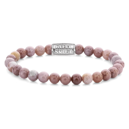Armband av ljusrosa rodonitpärlor, rostfritt stållås med Rebel&Rose-gravyr