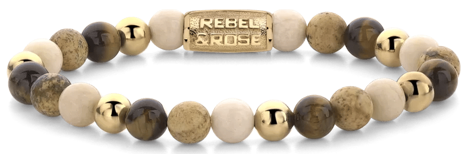 Armband med runda ädelstenspärlor i vitt, brunt och mörkt, guldfärgade metallpärlor, lås