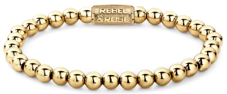 Guldpläterat kularmband, runda pärlor med REBEL ROSE-gravyr på låset