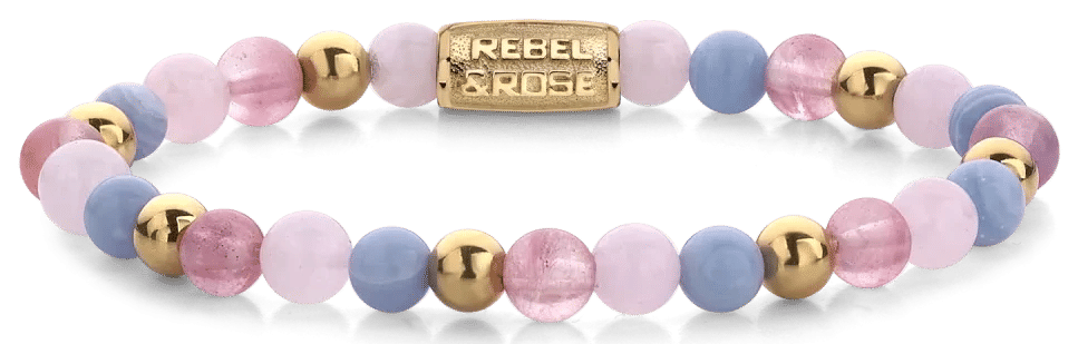 Armband med rosa och ljusblå ädelstenar samt guldfärgade detaljer och lås