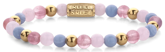 Armband med rosa och blå ädelstenar, guldfärgade mellandelar, lås i rostfritt stål