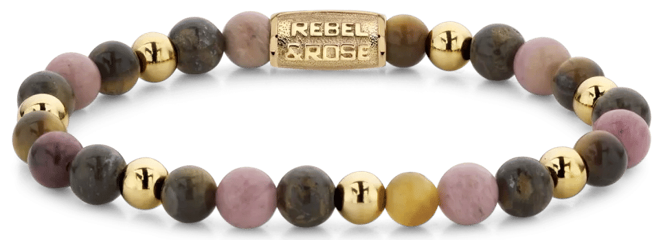 Armband av ädelstenspärlor med metallås, Rebel&Rose, rosé-grå-gula guldpärlor