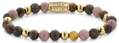 Armband av ädelstenspärlor med metallås, Rebel&Rose, rosé-grå-gula guldpärlor