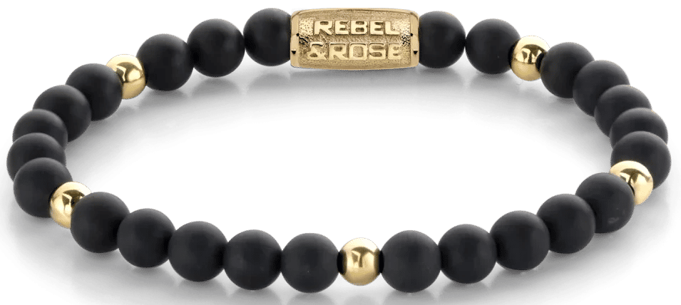 Armband med svarta 6 mm pärlor och guldfärgade accenter, med lås i rostfritt stål