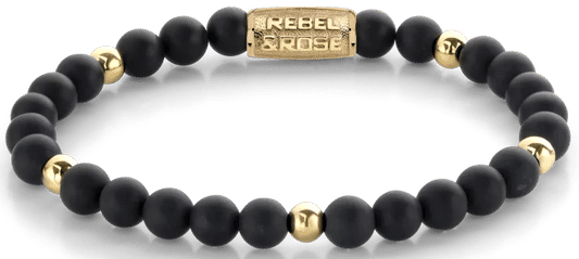 Armband med svarta 6 mm pärlor och guldfärgade accenter, med lås i rostfritt stål