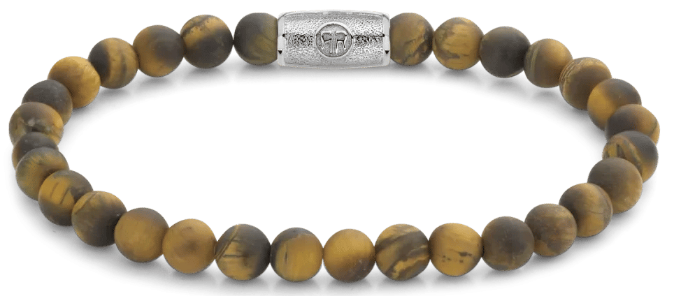 Armband med runda pärlor av tigeröga-natursten och rektangulärt rostfritt stållås