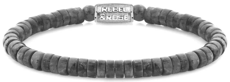 Armband av grå skivpärlor i natursten med lås i rostfritt stål, Rebel&Rose