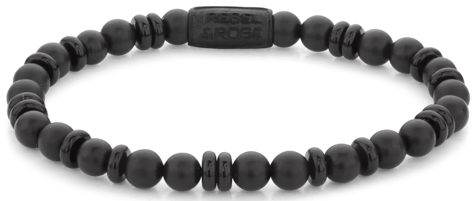 Armband i svart onyx med pärlor och skivor, svart lås i rostfritt stål