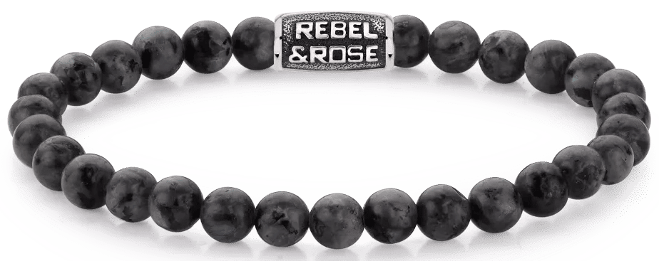 Armband med svarta larvikit-pärlor och svart rostfritt stållås, REBEL&ROSE