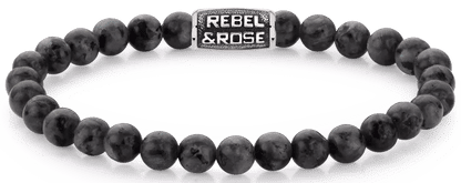 Armband med svarta larvikit-pärlor och svart rostfritt stållås, REBEL&ROSE