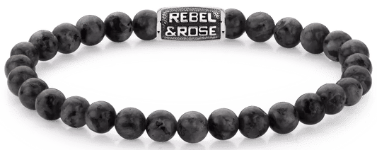 Armband med svarta larvikitpärlor och rostfritt stållås med Rebel&Rose