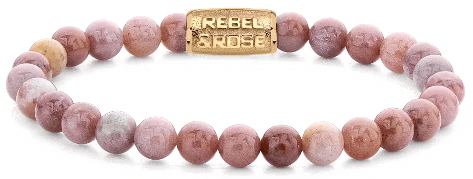 Armband med rosa rhodonitpärlor och metallås, Rebel&Rose-berlock