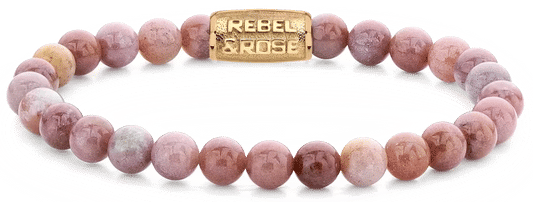 Armband med rosa rhodonitpärlor och metallås, Rebel&Rose-berlock