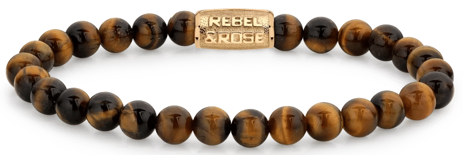 Armband med pärlor av tigeröga (6 mm) och guldpläterat lås i rostfritt stål