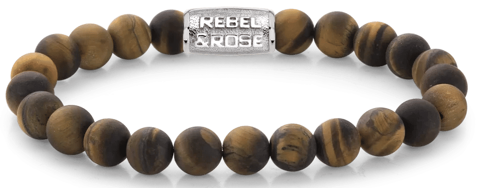 Armband med 8 mm tigeröga-pärlor och rostfritt stållås från Rebel&Rose