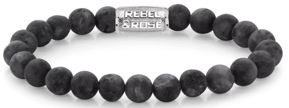 Armband med larvikitpärlor (8 mm) och lås i rostfritt stål, Rebel&Rose.