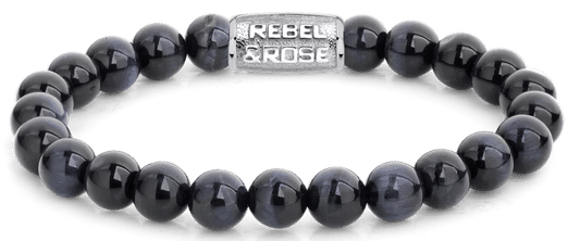 Armband med mörkblå tigeröga-pärlor (8 mm) och lås i rostfritt stål, Rebel&Rose