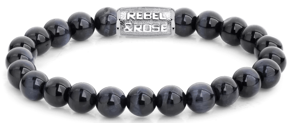 Armband av 8 mm tigeröga (mörkblått) med rostfritt stållås, Rebel&Rose