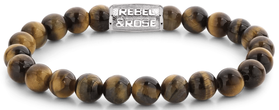 Armband med stora tigeröga-pärlor och rostfritt stållås, Rebel&Rose-logotyp