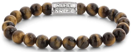 Armband med stora tigeröga-pärlor och rostfritt stållås, Rebel&Rose-logotyp