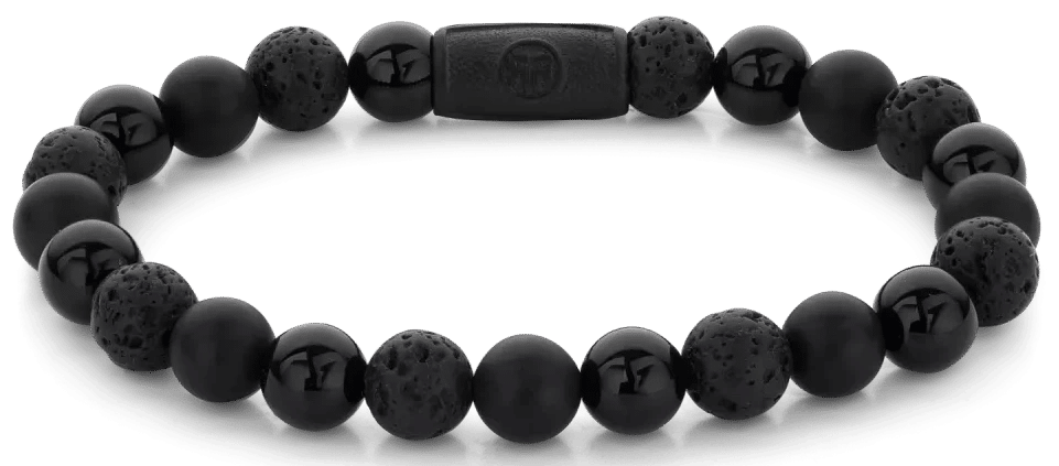Armband med svarta pärlor och svart stållås, runda pärlor i kedjestil