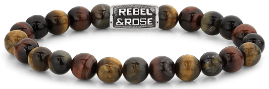 Armband med tigeröga-pärlor, silverfärgat metallspänne och Rebel&Rose-bricka