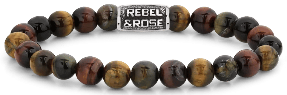 Tigeröga-armband med 8 mm ädelstenspärlor och metallås, Rebel&Rose