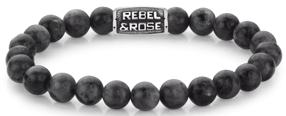 Armband av svarta larvikitpärlor med svart stållås och Rebel&Rose-ögla