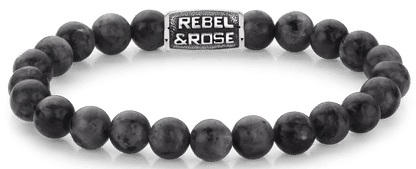 Armband av svarta larvikitpärlor med svart stållås och Rebel&Rose-ögla