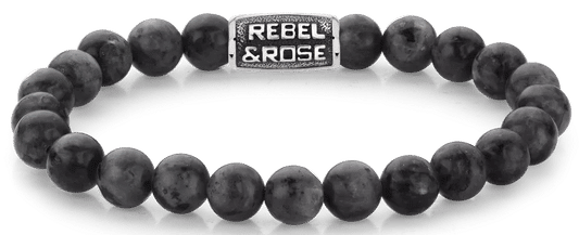 Armband med svarta larvikitpärlor och svart stålspänne Rebel&Rose