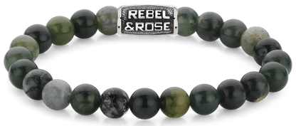 "Armband med mörkgröna mossagatpärlor och stålspänne, Rebel&Rose"