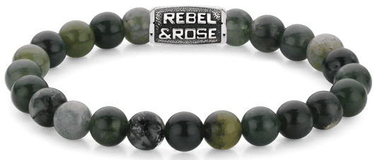 "Armband med mörkgröna mossagatpärlor och stålspänne, Rebel&Rose"