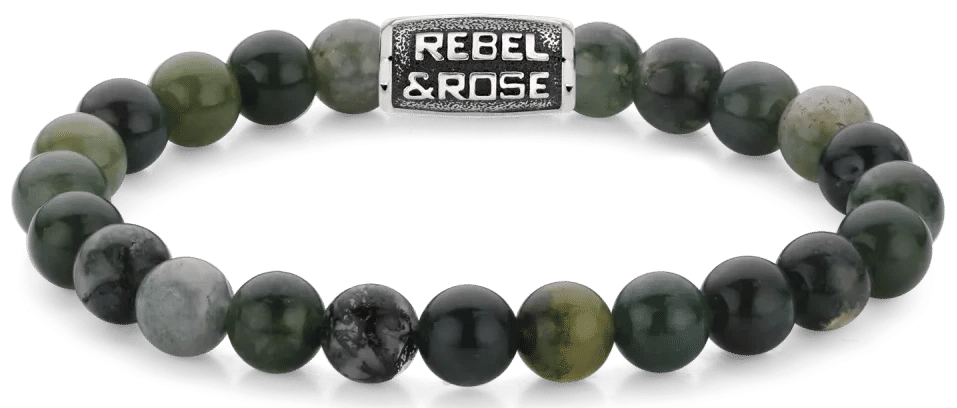 Armband med 8 mm mossagat-ädelstenspärlor och mörkgrönt stålspänne, Rebel&Rose